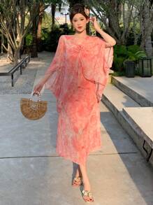 DAZY Women's Plant Allover Print Patchwork Pleated Midi Dress With Ditsy Floral Overlay Sundress Vacation Outfits Women - Pink - View 1