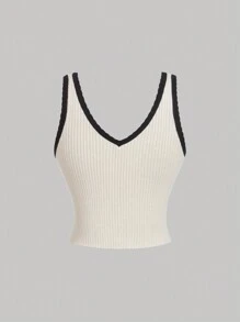 SHEIN MOD Plus Size Contrast Color V-Neck Front Bow Decor Fitted Knit Top, Casual Knit Sweater For Teens - Apricot - View 2