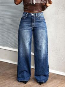 SHEIN Slayr Women's Front Button Pocket Embroidered Casual Jeans - Blue - View 6