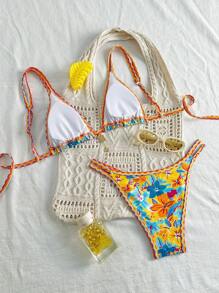 Swim Mod 2pcs Floral Print Cami Triangle Tie Bikini Sets, Beach Resort Holiday Vacation Outfit For Women For Summer Beach Vacation