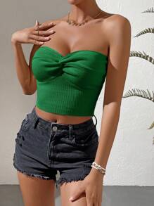SHEIN VCAY Women's Solid Color Twist Front Fitted Casual Knit Tank Top - Green - View 4