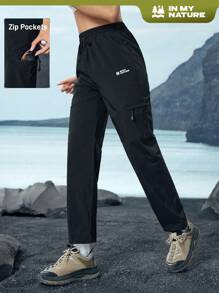 In My Nature Women's Letter Print Drawstring Waist Casual Outdoor Pants Hiking Women Clothes ,Women's Fall & Winter Outdoor Pants - Black - View 1