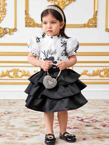 SHEIN Baby Girl Elegant Collared Puff Sleeve Blouse & Layered Ruffle Hem Skirt Set - Black - View 5