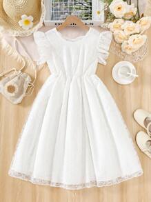 SHEIN Tween Girl White Dress Lace And Mesh Partywear With Hearted Shape Emboridery Parrtern Tween Girl Elegant Style Dress - Multicolor - View 2