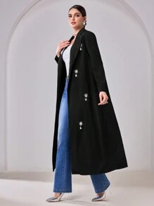 Al Najma Women's  Rhinestone Decorated Long Sleeve Cardigan, Minimalist Casual Arabic Style Abaya
