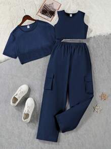 Cami Top & Flap Pocket Side Pants & Sheered Crop Tee - Royal Blue - View 1
