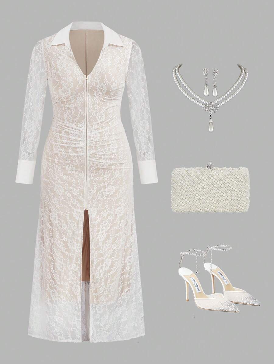 SHEIN Unity Plus Size Women Lace V-Neck Front Zipper High Slit Dress - White - View 1