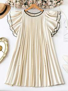 DreamSkyne Romantic Date  Plus Size Women Solid Round Neck Pearl Decor Knit Loose Party, Valentine's Day, Everyday Elegant Ruffle Hem Short Sleeve Dress, Spring/Summer
