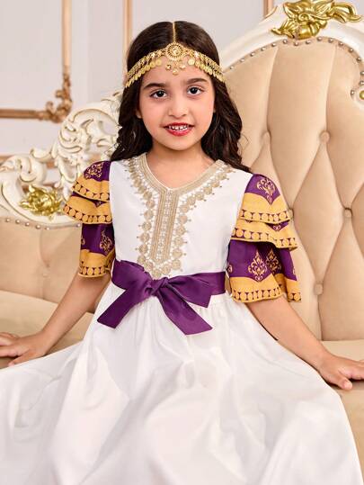 SHEIN Vestido casual y elegante de manga corta con lazada para niñas, de unicolor con parches