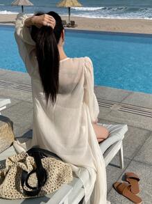 DAZY 宽松纯色长袖透明休闲夏季假日女式衬衫 - 白色 - 查看 2