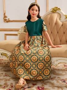 SHEIN 女童缎面印花连衣裙，绿金色，适合节日、斋月、派对聚会 - 綠色 - 查看 4