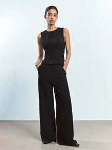 Maija 女式黑色和棕色条纹可调节腰带扣背心，百搭设计适合所有季节，现代都市职业装 Old Money - 棕色 - 查看 1