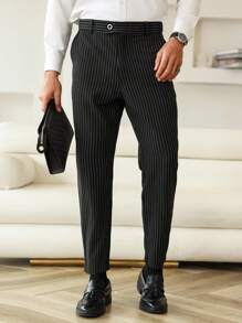 Manfinity Bizformal Men's Front Button Pocket Striped Casual Trousers - Black - View 3