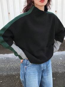 FRIFUL Women Plain Color Patchwork Stand Collar Long Sleeve Casual Sweater,Fall Clothes