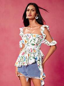 VERO DIAZ 设计师波西米亚风女式白色花卉和植物印花露肩荷叶边袖不对称下摆衬衫，度假，春夏，节日，热带，夏季，海滩，女士，音乐会，优雅，可爱，伊比沙岛风格 - 彩色 - 查看 7