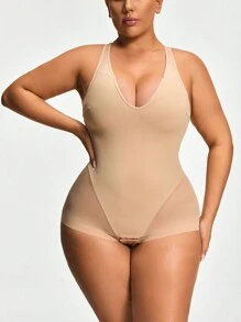 SHAPORA Plus Size Shaping Plunge Deep-V Shapewear Brief Bodysuit Body Shaper Butt Lifter -Tummy Waist Thigh Control - Apricot - View 4