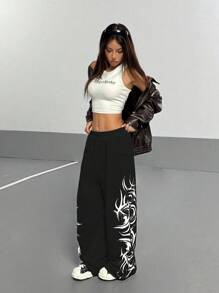 StreetHx Women Gothic Graffiti Floral Print Loose Straight Leg Casual Sweatpants Graduation,Back To School Outfits,Graduation,Teacher Outfits For Women,Back To School