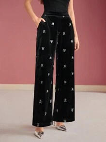 MOTF PREMIUM Pantalones de traje sastre con bordado floral de terciopelo - Negro - Ver 2