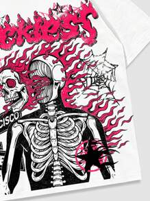 ROMWE MEN Street Life Áo thun nam tay ngắn in hình đầu lâu và chữ theo phong cách đường phố, mặc thường ngày - trắng - Xem 3