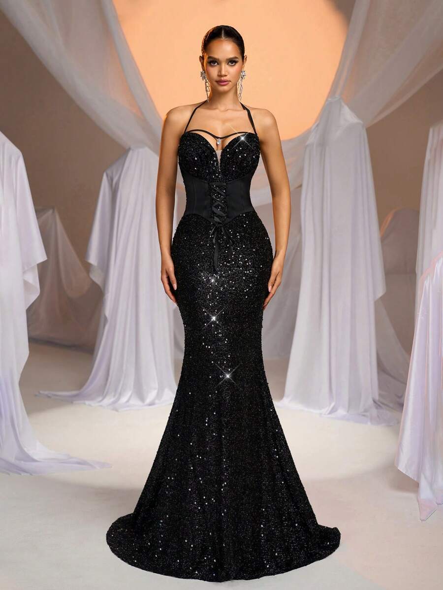 Glamrae 优雅黑色华丽亮片露背性感 V 领水钻吊坠鱼尾连衣裙，适合度假婚礼活动约会狂欢派对晚宴礼服、婚礼宾客礼服、正式礼服、晚礼服 - 黑色 - 查看 1