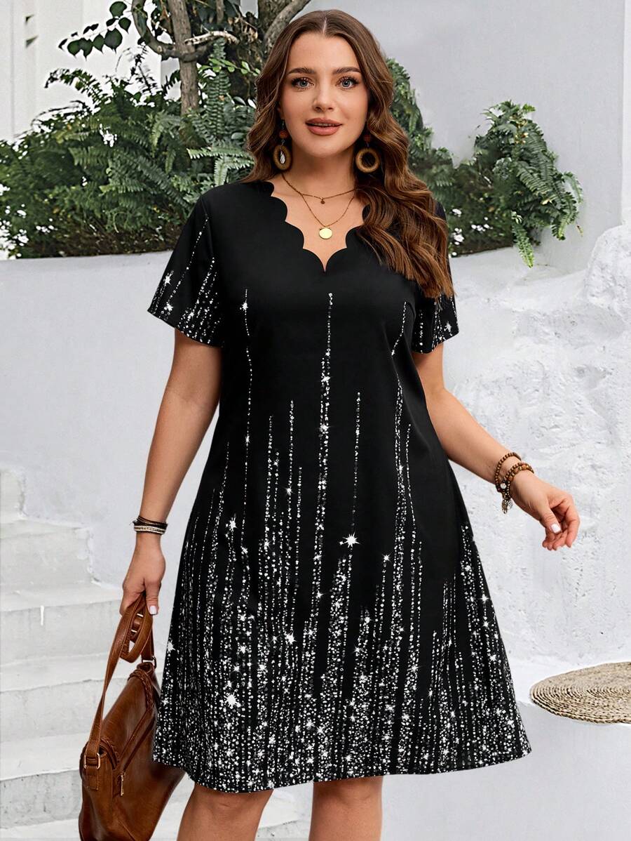 Miaspire Plus Size Modest V-Neck Shell-Trimmed Short-Sleeved Faux Rhinestone Positioning Printed Knee-Length Spring Outfits For Women Summer Outfits For Women