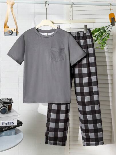 2 件套儿童青少年男童都市休闲圆领短袖格子印花宽松家居服睡衣套装