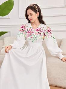 SHEIN 少女编织花卉褶皱泡泡袖收腰连衣裙 - 白色 - 查看 3