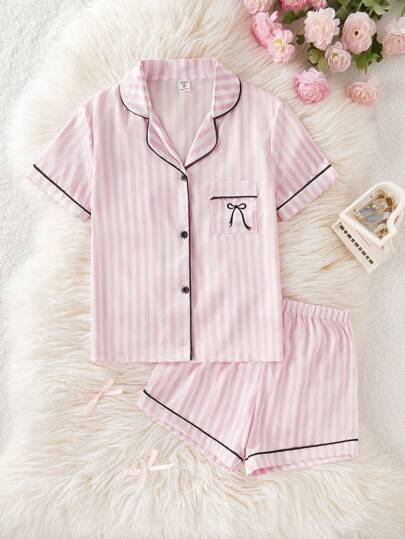 Elladie kids Tween Girl Classic Striped Satin-Like Shirt With Buttons, Embroidered Bowknot Pocket Short Sleeve Top And Striped Black Trimmed Shorts 2 Pieces Pajama Set,Summer,Travel