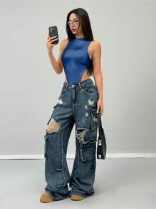 Coolane Women's Fall/Winter Y2K Leather Bodysuit - Royal Blue - View 5