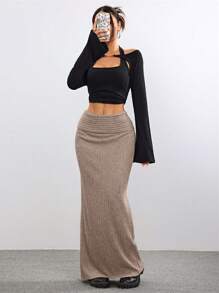 SHEIN EZwear Faldas de franela de punto de cable de uso casual para otoño/invierno - Caqui - Ver 6