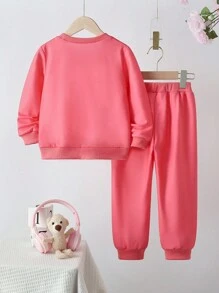 2pcs/Set Young Girls Pink Cute Cartoon Character & Butterfly Print Hoodie Sweatshirt And Pants Set, Autumn/Winter New, Versatile To Wear As Base Layer, Outer Layer Or Indoor Wear, Young Girl Outfit