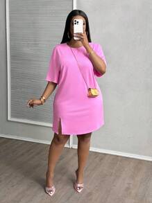 Slaydiva Plus Size Early Spring Vacation Casual Pink Side Slit Drop Shoulder Short Sleeve Dress - Hot Pink - View 1