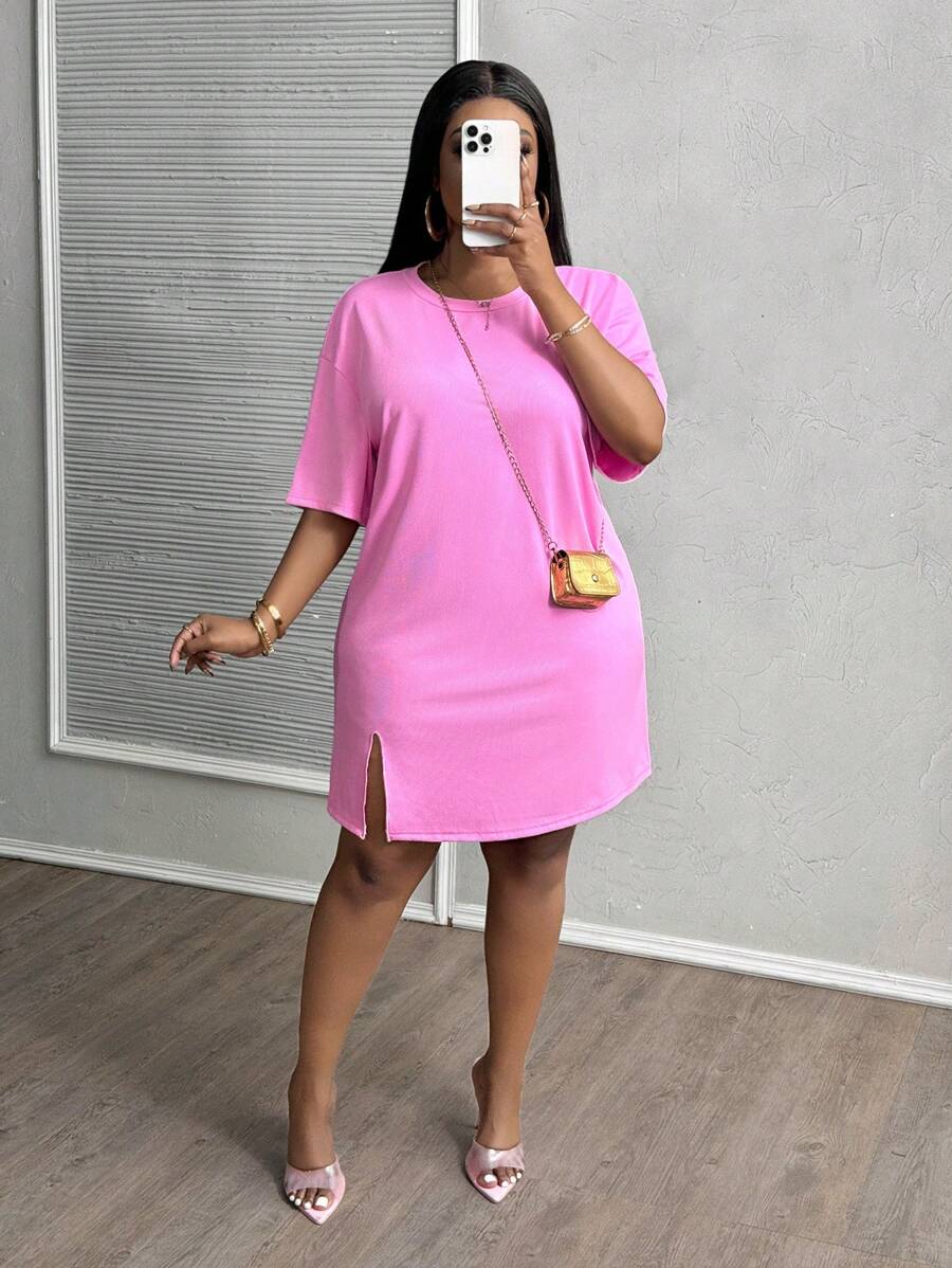 Slaydiva Plus Size Early Spring Vacation Casual Pink Side Slit Drop Shoulder Short Sleeve Dress - Hot Pink - View 1