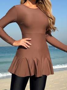 Swim Mulvari Summer Ladies Conservative Solid Color Round Neck Ruffle Trim Long Sleeve T-Shirt And Black Long Pants Swimwear Set - Brown - View 5