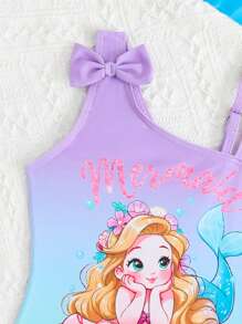 Young Girl Solid Color Patchwork Bow Decor Printed One-Piece Swimsuit - Mauve Purple - View 4
