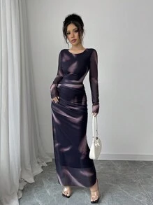 Elenzga Women's Elegant Gradient Color Print Mesh Ruffle Bodycon Maxi Dress Fall Cloth For Women - Purple - View 5