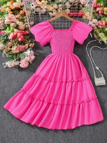 Vestido de manga corta de espalda de tirantes de un solo color para niñas preadolescentes - Rosa Fucsia - Ver 1