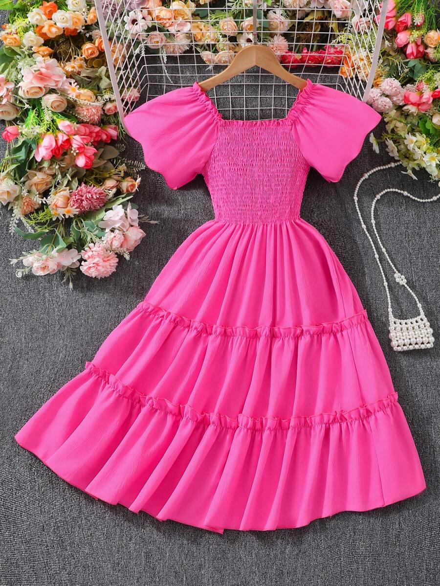 Vestido de manga corta de espalda de tirantes de un solo color para niñas preadolescentes - Rosa Fucsia - Ver 1