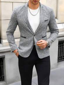 Manfinity Mode Plus Size Men's Button Front Long Sleeve Pocket Flat Collar Blazer