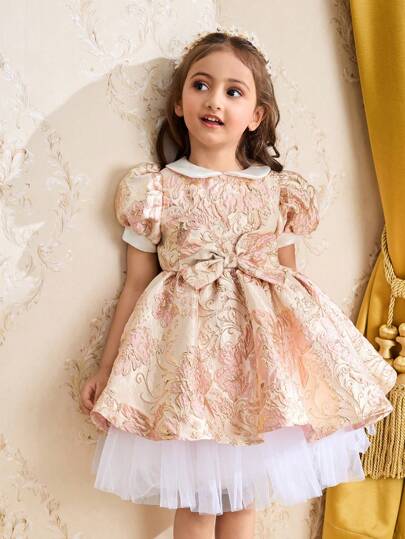 SHEIN Young Girls Satin Fabric Dress With Puff Sleeve, Collar, Net Dress Patchwork, Suitable For Party, Gathering, Festivals, Elegant & , Spring, Summer, Ramadan