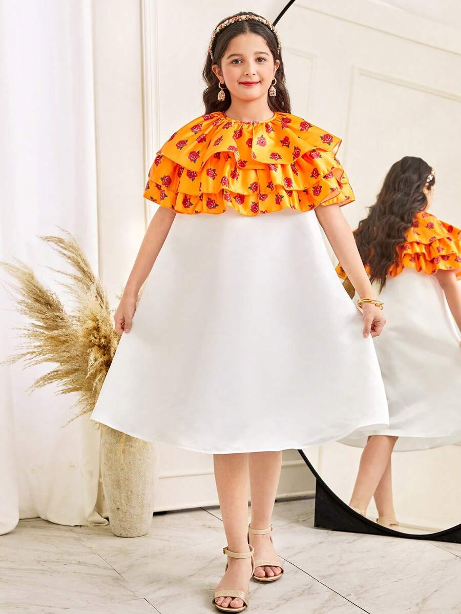 SHEIN Tween Girls Loose Casual Luxurious Multi-Layer Ruffle Floral Pattern Short Top And Dress 2 Pieces Set - Yellow - View 1