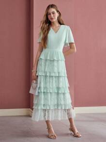 MOTF PREMIUM CONTRAST LACE LAYERED RUFFLE HEM DRESS - Mint Green - View 5