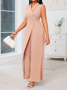 SHEIN Lady Plus Size Nude Elegant Sleeveless Jumpsuit With Pearl Buttons And High Slit - Khaki - View 1