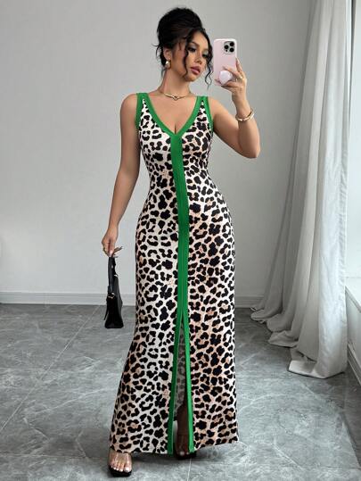 Elenzga 女式豹纹前开衩性感无袖 V 领低胸紧身对称领连衣裙