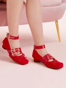 CUCCOO DOLLMOD Women's Bowknot Perforated Mary Jane Strap Buckle Square Toe Chunky Low Heel Punk Style Red Faux Suede Vegan Leather High Heel Pumps, Cute Personalized Street Fashion Valentine's Day - Red - View 5