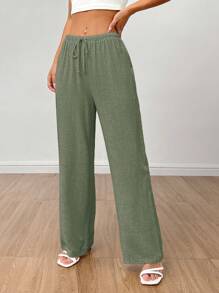 SHEIN PETITE Women's Linen High Waisted Summer Baggy Pants