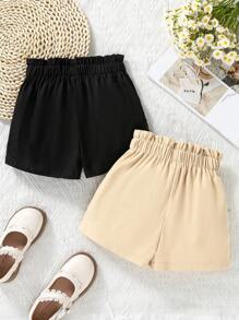 SHEIN Young Girl' Fashion Simple Woven Ribbed Elastic Waist Single Row Button Ruffle Hem Shorts, Black & Apricot, Multi-Piece Set - Multicolor - View 2