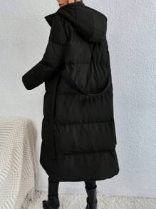 SHEIN Frenchy Solid Color Hooded Belted Long Black Padded Jacket