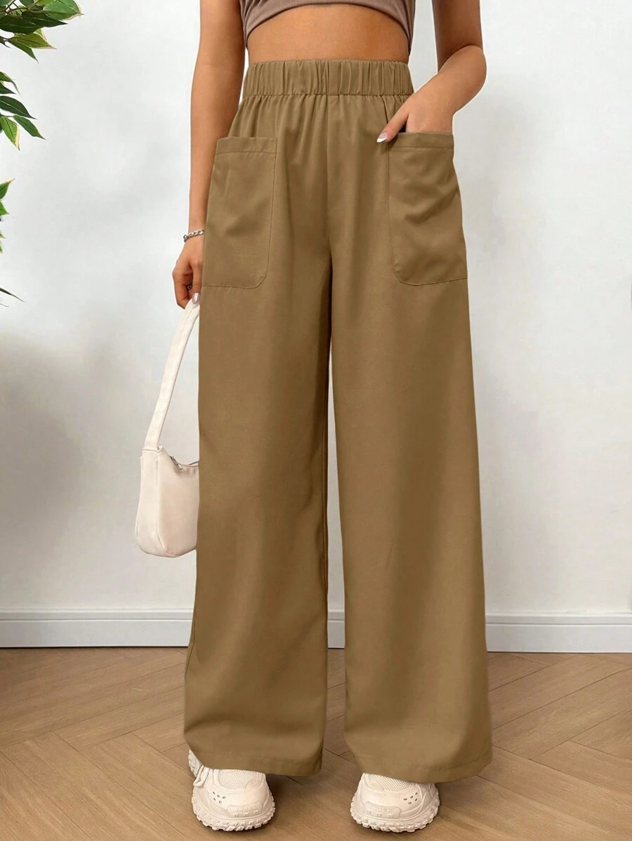 SHEIN EZwear Women's Khaki Wide Leg Pants With Pockets And Elastic Waist,Palazzo - Camel - View 1