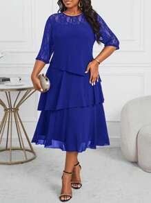 SHEIN Lady Đầm công sở Đầm đi nhà thờ Đầm công sở nữ Đầm midi xếp tầng xẻ tà tay khoét sâu màu xanh lam Đầm giáo viên Đầm giáo viên Đầm mùa thu Đầm ren Đầm bốn mùa thanh lịch cho phụ nữ Đầm ren mùa thu - Xanh đậm - Xem 4